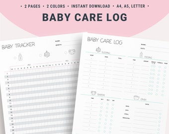 May include: Printable baby care log with two pages. The first page is a baby tracker with a grid for recording daily activities. The second page has sections for sleeping, feeding, diaper changes, and other notes. The pages are designed in a light pink and gray color scheme.