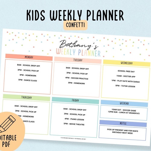 Editable Kids Weekly Calendar Template Printable Kids Weekly - Etsy