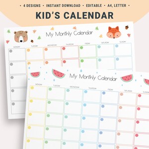 Editable Kids Calendar Printable Toddler Monthly Chart Kids - Etsy