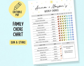 Editable Weekly Chore Chart for Families, Kids Chore Tracker with Rewards, Household Task Chart for Multiple Children, Family Chore System