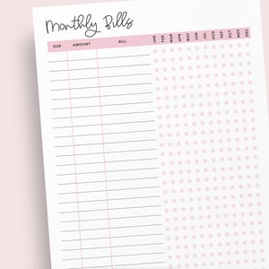 May include: A printable monthly bill tracker with a pink polka dot background. The tracker has columns for due date, amount, bill name, and a calendar for each month of the year.