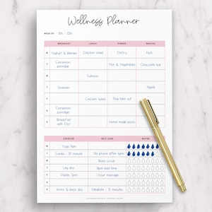 May include: A printable wellness planner with a pink and blue color scheme. The planner includes sections for breakfast, lunch, dinner, snacks, exercise, self-care, and water. The planner is designed to help people make time for their health and wellbeing.