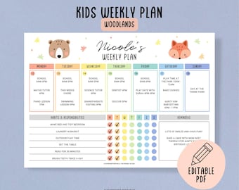 Kids Weekly Planner Printable, Childrens Activity Schedule Template, Cute Woodlands Toddler Routine Chart, Kindergarten Calendar Editable