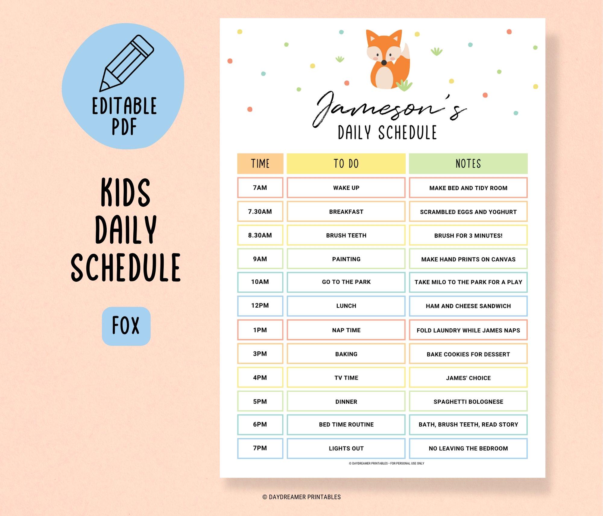 Editable Kids Daily Planner, Kids Schedule Printable, Schedule for Kids ...