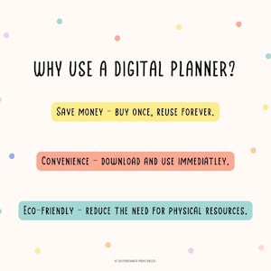 K&ouml;nnte beinhalten: Ein wei&szlig;er Hintergrund mit bunten Punkten und dem Text "WHY USE A DIGITAL PLANNER?" in Schwarz. Drei gelbe, rosa und blaue K&auml;stchen mit Text, der die Vorteile der Verwendung eines digitalen Planers erkl&auml;rt: "SAVE MONEY - BUY ONCE, REUSE FOREVER.", "CONVENIENCE - DOWNLOAD AND USE IMMEDIATLEY.", und "ECO-FRIENDLY - REDUCE THE NEED FOR PHYSICAL RESOURCES."
