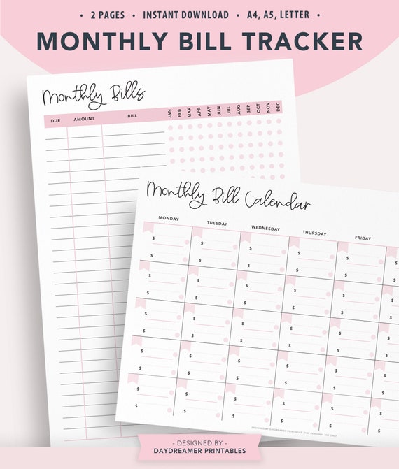 Monthly Bill Tracker Printable, Monthly Budget PDF, Bills Organizer, Monthly Bills Planner, Expense Tracker, Bill Calendar, Payment Log