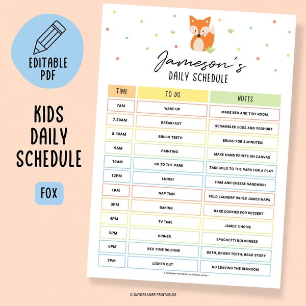 Editable Kids Daily Planner, Kids Schedule Printable, Schedule for Kids, Editable Kids Routine Chart, Homeschool Schedule Template