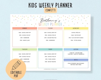Editable Kids Weekly Calendar Template, Printable Kids Weekly School Schedule, Children's Weekly Planner, Weekly Home School, Kids Task List