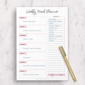 May include: A printable weekly meal planner with a pink and white color scheme. The planner includes a grocery list, a meal plan for each day of the week, and a budget section. The text on the planner says "Weekly Meal Planner" and "Plan out your weekly meals".
