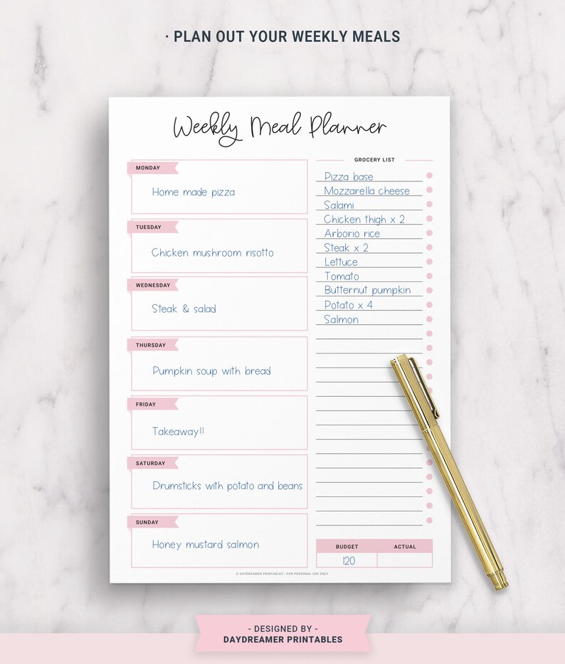 May include: A printable weekly meal planner with a pink and white color scheme. The planner includes a grocery list, a meal plan for each day of the week, and a budget section. The text on the planner says "Weekly Meal Planner" and "Plan out your weekly meals".