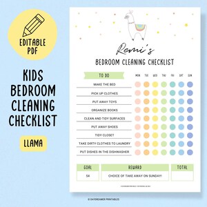 May include: A printable checklist for kids to use to clean their bedroom. The checklist has a llama illustration and a rainbow color scheme. The checklist includes tasks like making the bed, picking up clothes, putting away toys, organizing books, cleaning and tidying surfaces, putting away shoes, tidying the closet, taking dirty clothes to laundry, and putting dishes in the dishwasher. The checklist has a goal of 54 and a reward of a choice of take away on Sunday.