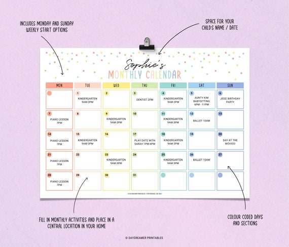 Editable Kids Calendar Printable, Toddler Monthly Chart, Kids Daily Calendar,  Family Calendar Template, Kids Activity Schedule, Editable PDF - Etsy