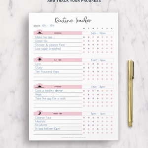May include: A printable routine tracker with a pink and white color scheme. The tracker is divided into four sections: Morning, Day Time, Evening, and Night Time. Each section has a list of activities and a grid of boxes for checking off completed tasks. The tracker is designed to help people stay organized and on track with their daily routines.