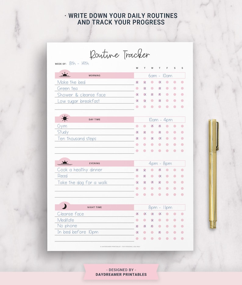 May include: A printable routine tracker with a pink and white color scheme. The tracker is divided into four sections: Morning, Day Time, Evening, and Night Time. Each section has a list of activities and a grid of boxes for checking off completed tasks. The tracker is designed to help people stay organized and on track with their daily routines.