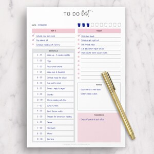 May include: A pink and white printable daily planner with a to-do list, schedule, notes, and tomorrow section. The planner includes a date field, top 3 priorities, and a section for today's tasks. The planner is designed by Daydreamer Printables.