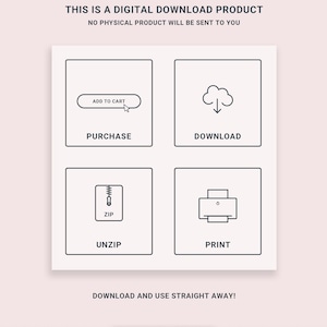 May include: A digital download product graphic with instructions on how to purchase, download, unzip, and print the product. The graphic features a shopping cart, a cloud with a download arrow, a zipper, and a printer.