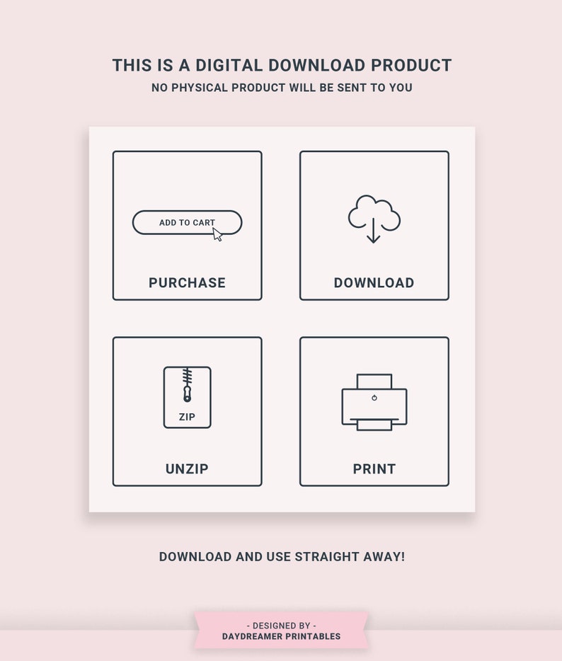 May include: A digital download product graphic with instructions on how to purchase, download, unzip, and print the product. The graphic features a shopping cart, a cloud with a download arrow, a zipper, and a printer.