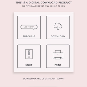 May include: A digital download product infographic with four steps: purchase, download, unzip, and print. The infographic is designed in a minimalist style with black outlines and white text on a light pink background.