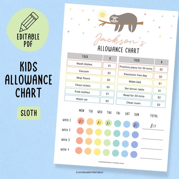 Kids Allowance Chart Printable, Editable Kids Chores, Allowance Tracker, Kids Pocket Money, Children's Behaviour Chart, Chore Allowance, PDF