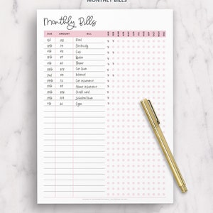 May include: A printable monthly bill tracker with a pink polka dot background. The tracker includes columns for due date, amount, bill name, and a check box for each month of the year.