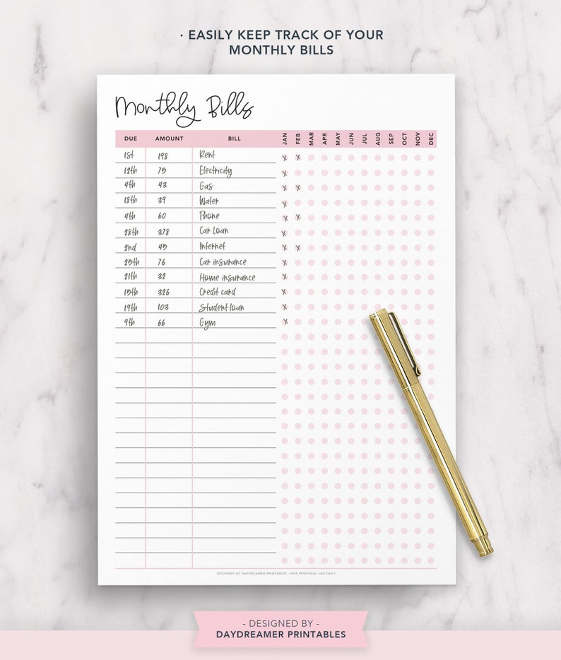 May include: A printable monthly bill tracker with a pink polka dot background. The tracker includes columns for due date, amount, bill name, and a check box for each month of the year.