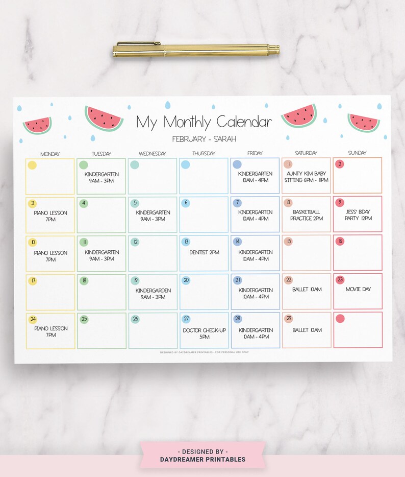 editable kids calendar printable toddler monthly chart kids etsy