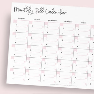 May include: A printable monthly bill calendar with a pink and white color scheme. The calendar is divided into five columns for each day of the week, Monday through Friday. Each day has a section for recording bill amounts. The calendar is designed by Daydreamer Printables.