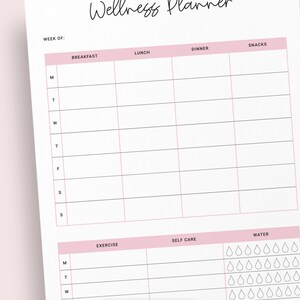 May include: A printable wellness planner with a pink and white color scheme. The planner includes sections for meals, exercise, self-care, and water intake. The planner is designed for a week and includes days of the week: Monday, Tuesday, Wednesday, Thursday, Friday, Saturday, and Sunday.
