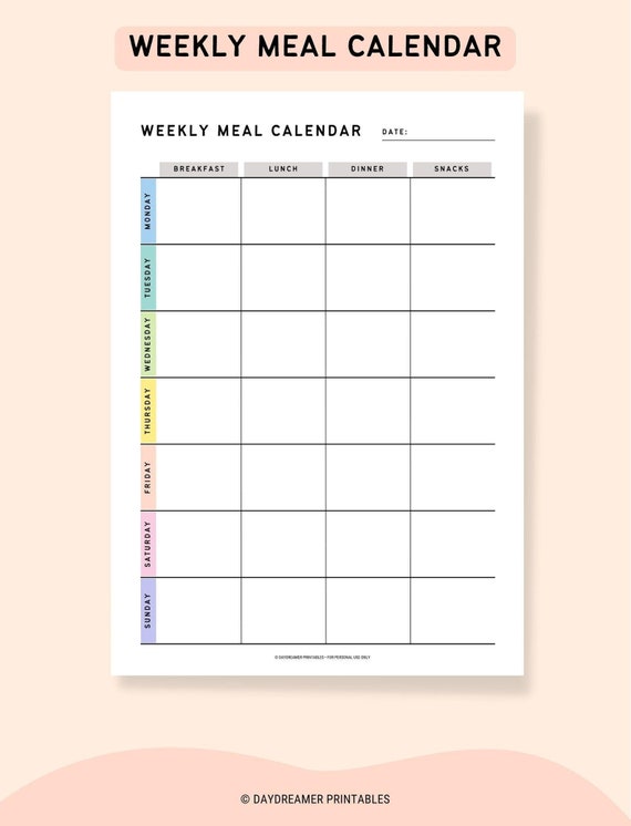 Weekly Meal Planner PDF, Printable Grid Meal Calendar for Breakfast, Lunch, Dinner & Snacks, Rainbow Meal Template | Digital and Printable