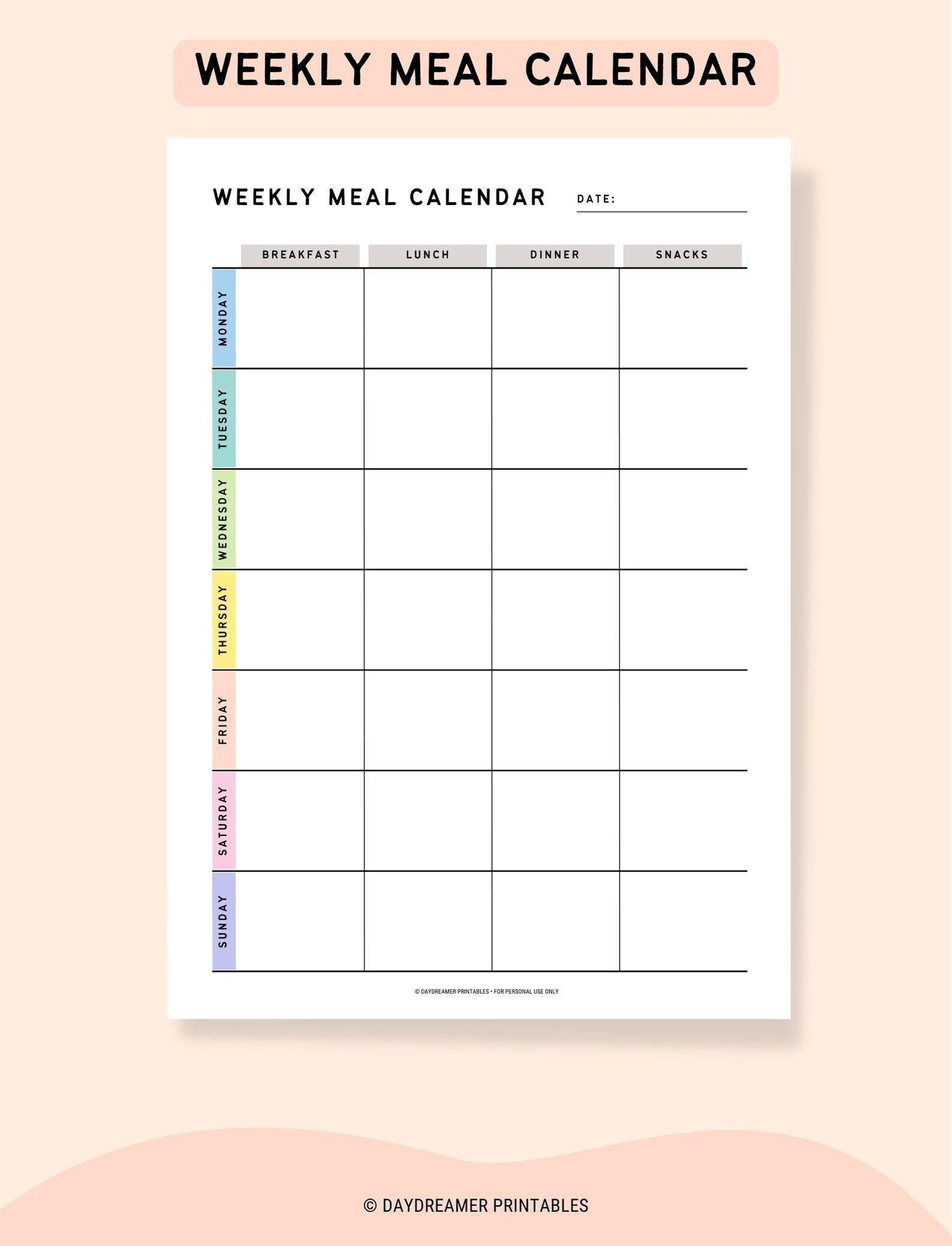 Weekly Meal Planner PDF, Printable Grid Meal Calendar for Breakfast, Lunch, Dinner & Snacks, Rainbow Meal Template | Digital and Printable