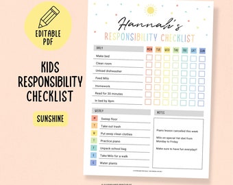 Editable Responsibility Chore Chart for Kids, Rainbow Responsibility Chart Weekly Printable, Kids Cleaning To Do List, Family Chore Chart