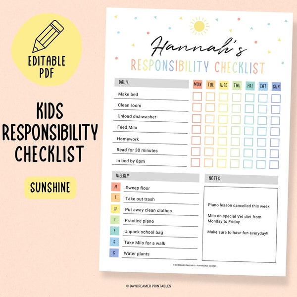 Editable Responsibility Chore Chart for Kids, Rainbow Responsibility Chart Weekly Printable, Kids Cleaning To Do List, Family Chore Chart
