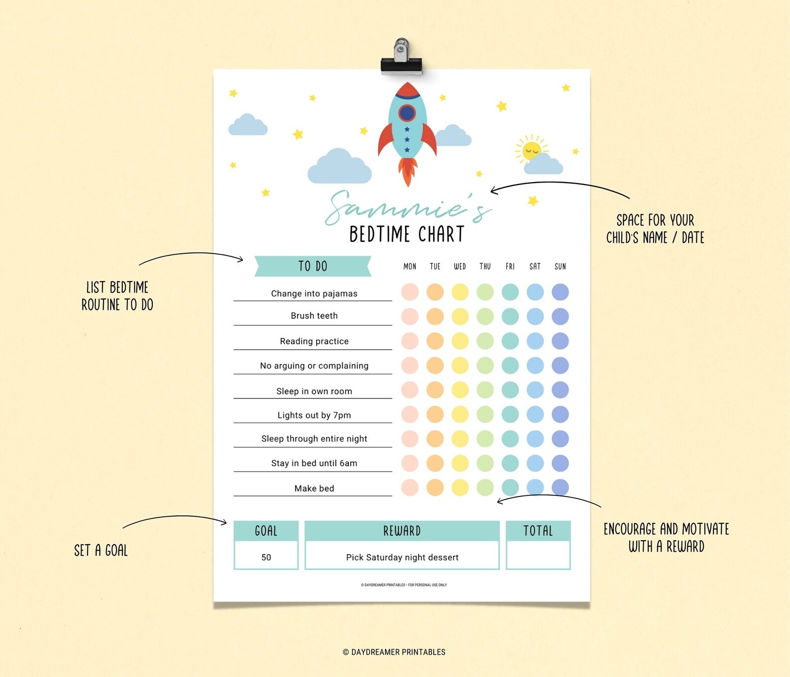 Personalised Bedtime Routine Chart Kids Bedtime Routine Chart Editable, Stay in Bed Reward Chart Printable ...
