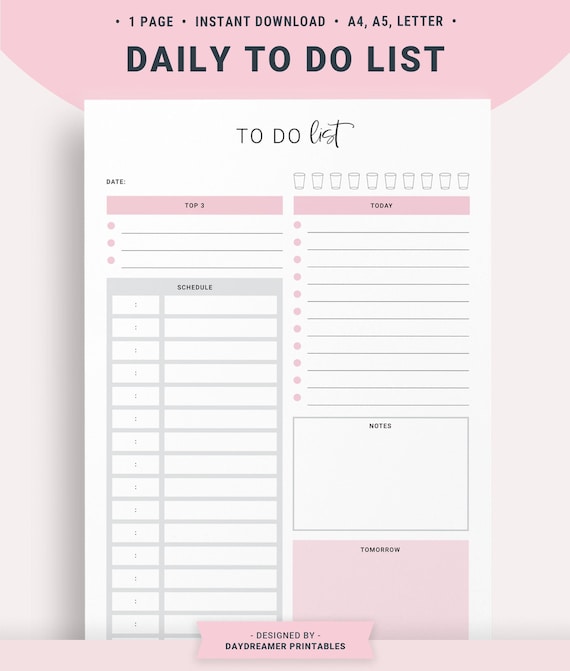 Daily Productivity Planner Printable To Do List, Daily Plan for Productivity and Goal Setting, Hourly Schedule Template Task Tracker List