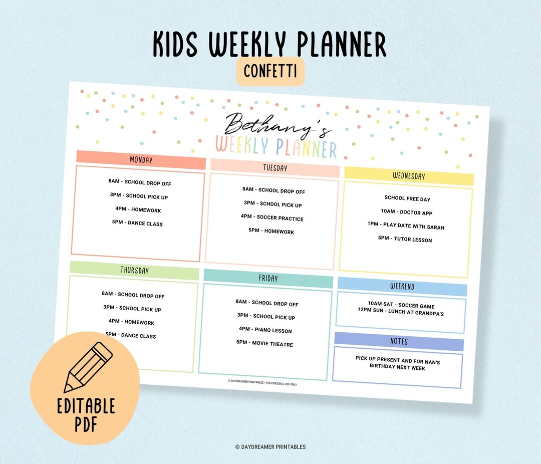 Editable Kids Weekly Calendar Template, Printable Kids Weekly School ...