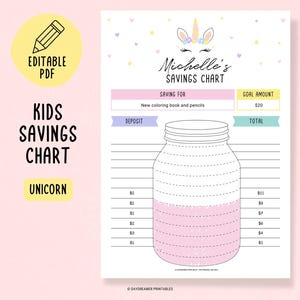 Puede incluir: Gráfico de ahorros imprimible para niños con un diseño de unicornio. El gráfico incluye un frasco para realizar un seguimiento de los ahorros, una sección de depósito, una sección de total y un monto objetivo de 20 €. El gráfico se titula "Gráfico de ahorros de Michelle".