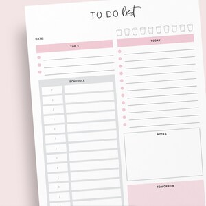 May include: A printable to-do list with sections for "Top 3", "Schedule", "Today", "Notes", and "Tomorrow". The list is designed by Daydreamer Printables.