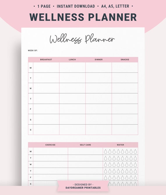 Self Care Printable Planner, Self Care Chart, Weekly Wellness Planner, Health and Wellbeing Tracker, Meal Planner, Fitness Printable