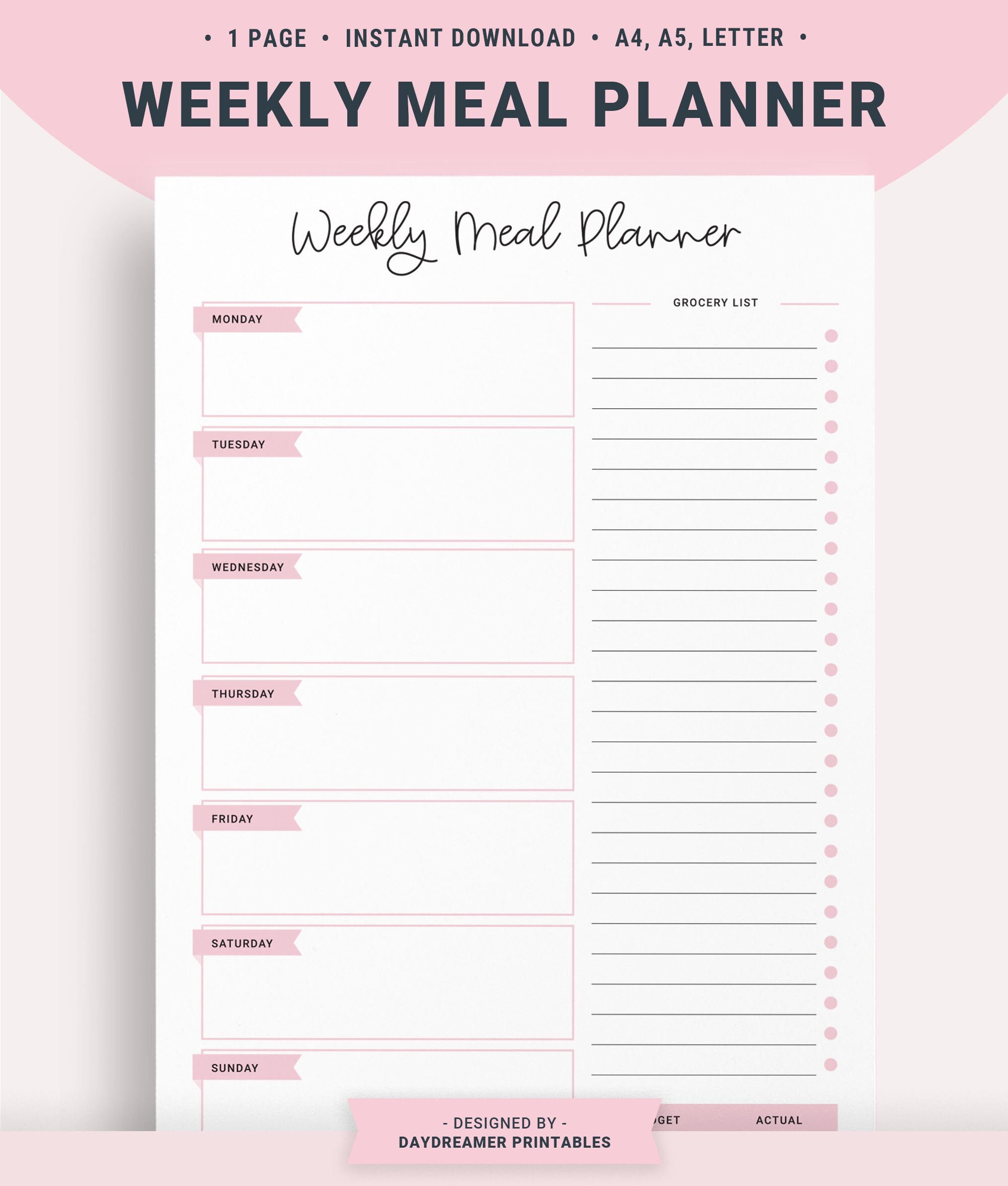Editable Weekly Meal Planner Grocery List Printable 