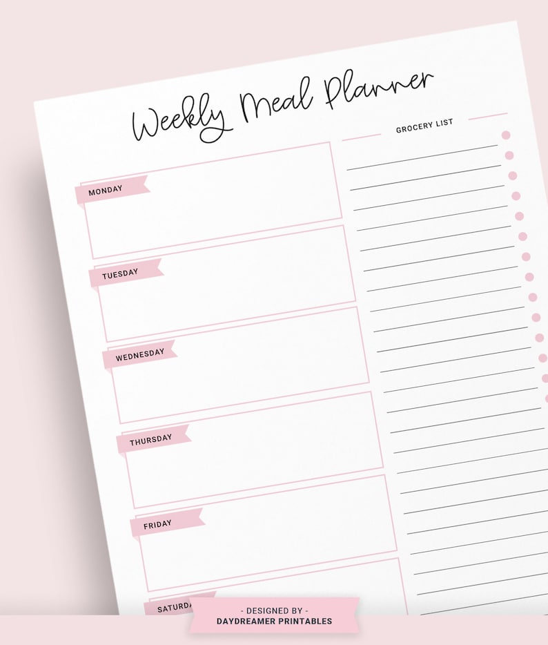 May include: A printable weekly meal planner with a grocery list section. The planner has a pink and white color scheme and features a handwritten title.