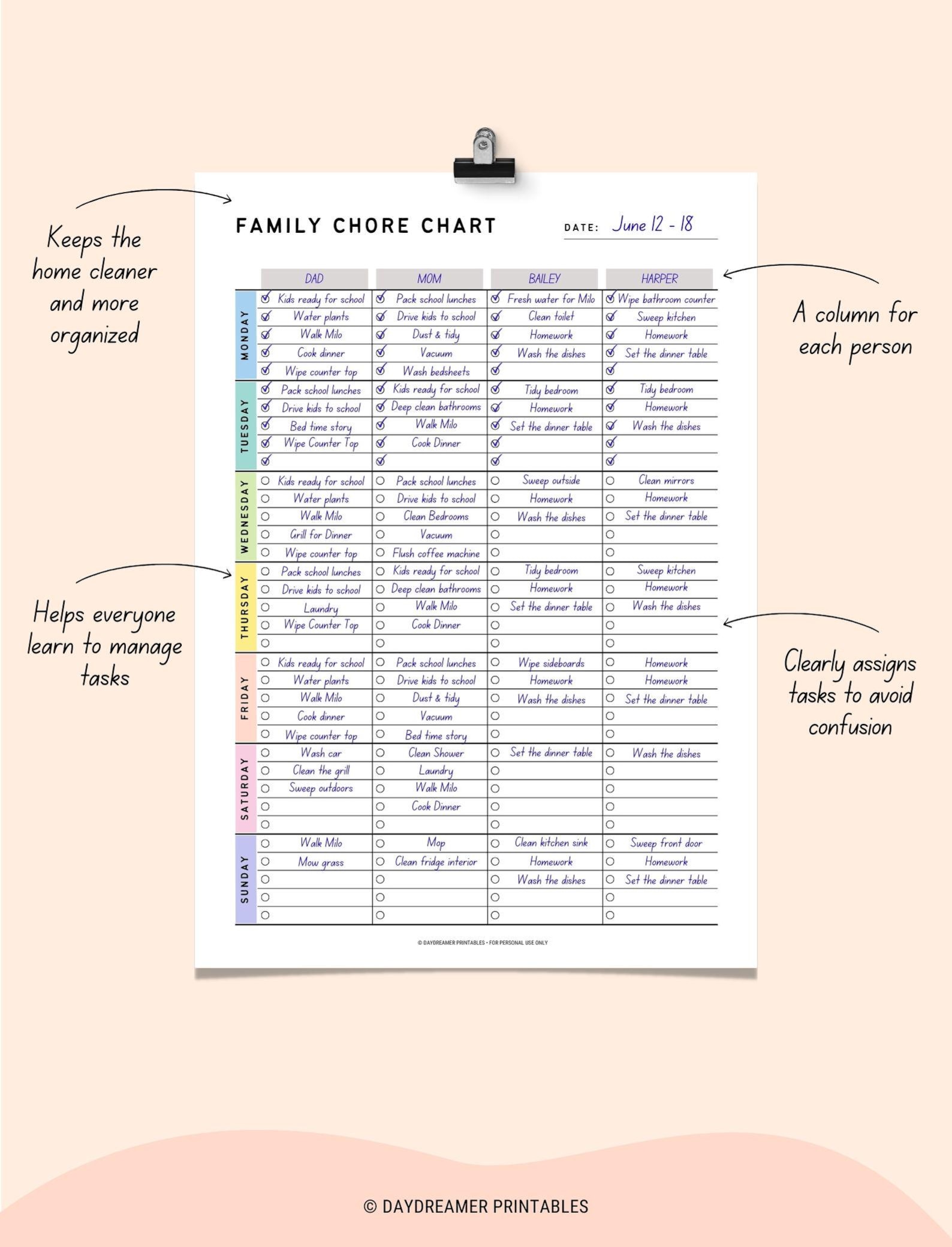 Weekly Family Chore Chart Printable, Daily Household Chores List for 3 ...