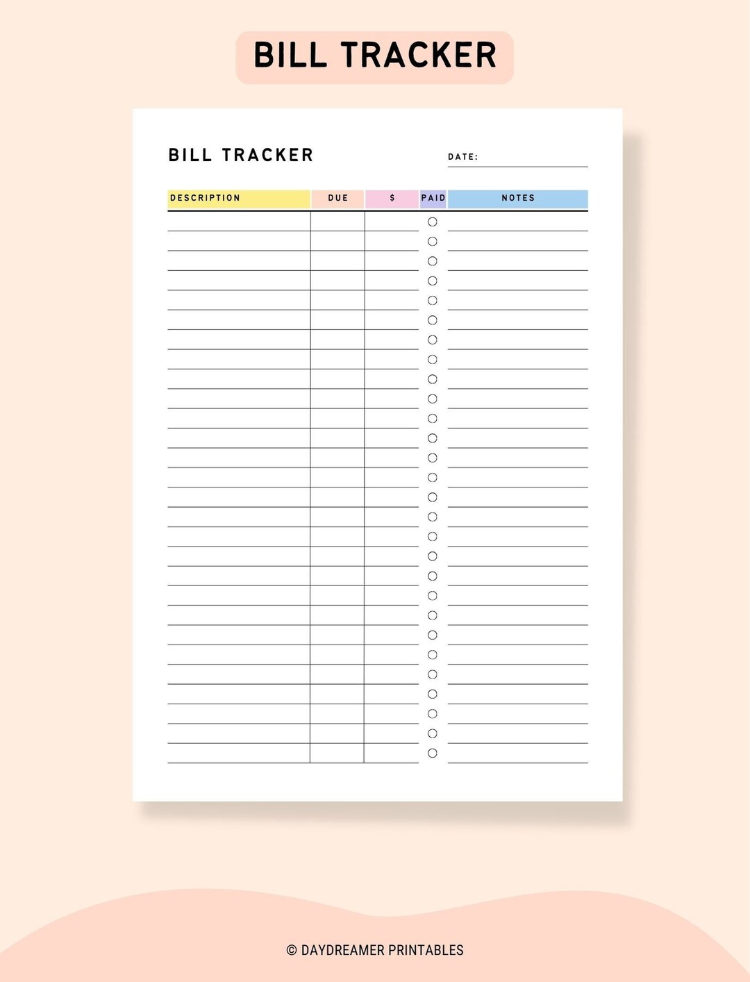Bill Tracker Printable Template for Yearly or Monthly Household ...
