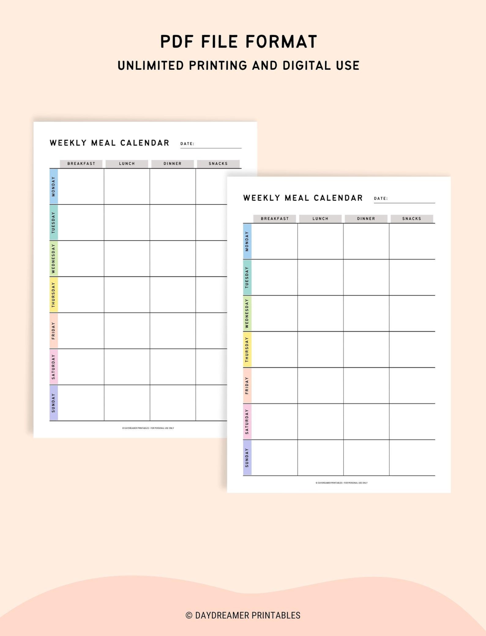 Weekly Meal Planner PDF, Printable Grid Meal Calendar for Breakfast ...