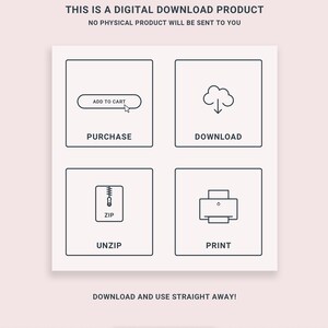 May include: A digital download product graphic with instructions on how to purchase, download, unzip, and print the product. The graphic features a shopping cart, a cloud with a download arrow, a zipper, and a printer.