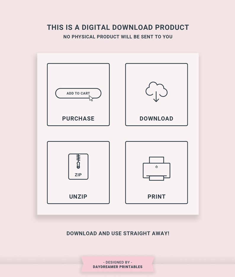 May include: A digital download product graphic with instructions on how to purchase, download, unzip, and print the product. The graphic features a shopping cart, a cloud with a download arrow, a zipper, and a printer.