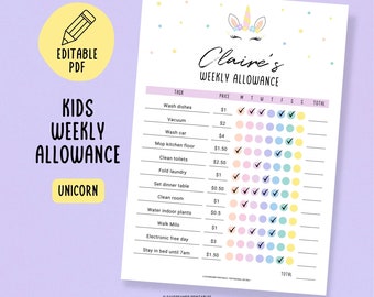 Unicorn Kids Earn Money Chart - Printable & Editable, Busy Household Chore Tracker, Fun and Rewarding, Instant Download