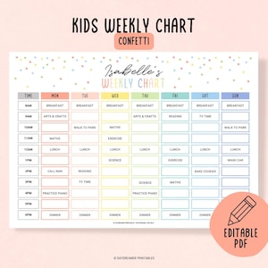 Editable Kids Weekly Planner Schedule Chart, Kids Daily Schedule Template, Home School Kids Schedule, Kids Weekly Chores, Editable PDF
