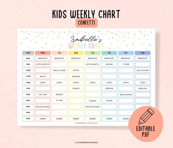 Editable Kids Weekly Planner Schedule Chart, Kids Daily Schedule Template, Home School Kids Schedule, Kids Weekly Chores, Editable PDF