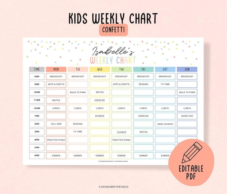Kids Weekly Chart Calendar for School, Home and Activities