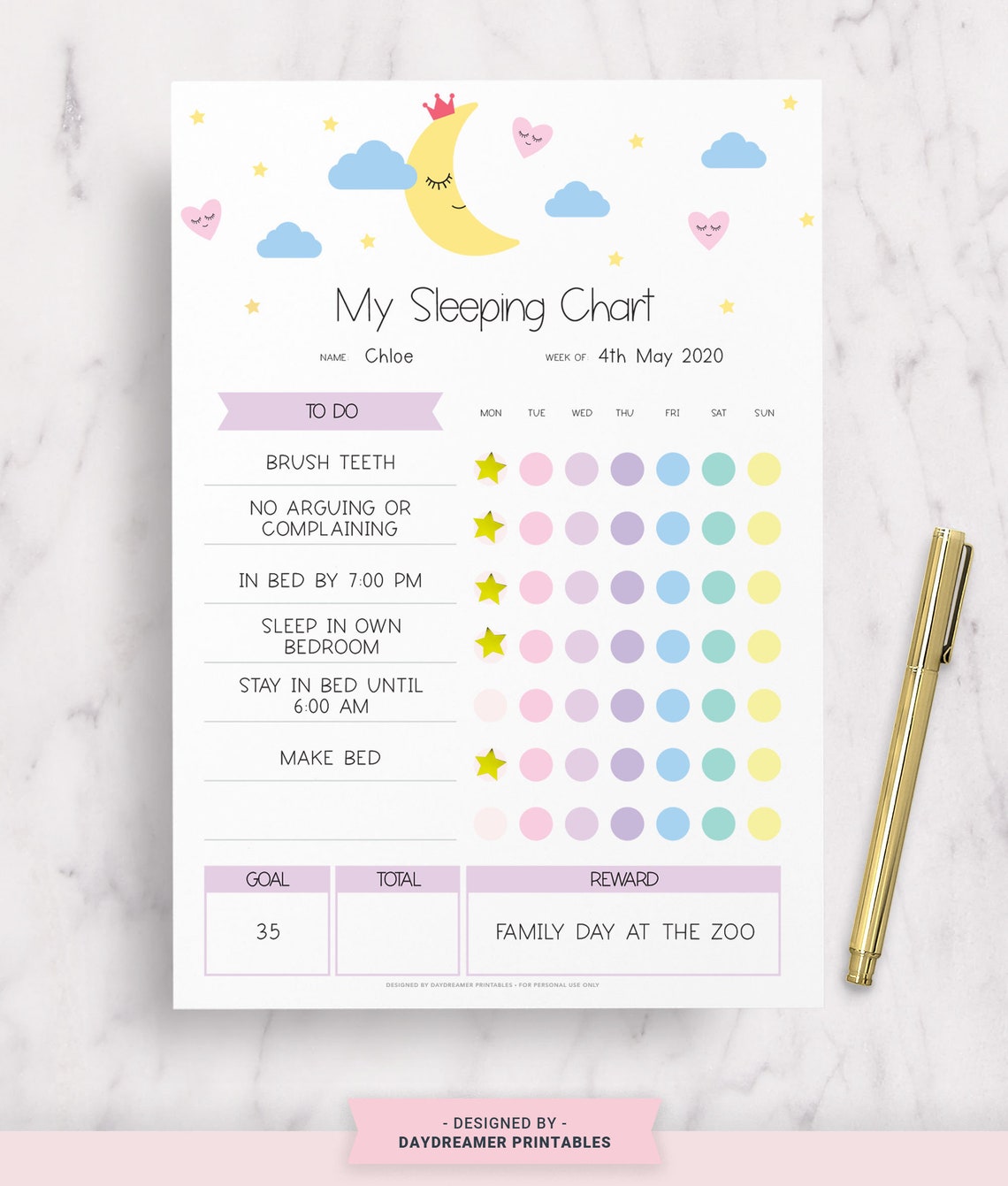 Kids Stay in Bed All Night Reward Chart Toddler Sleeping | Etsy